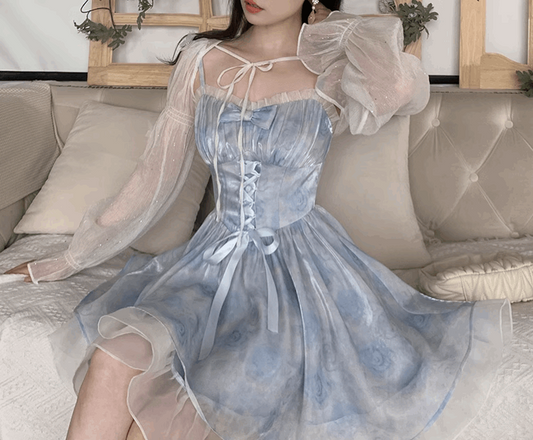 Sky Blue Magic Crystal Sweet Fairy Princess Bow Lace Spring Summer Strap Dress