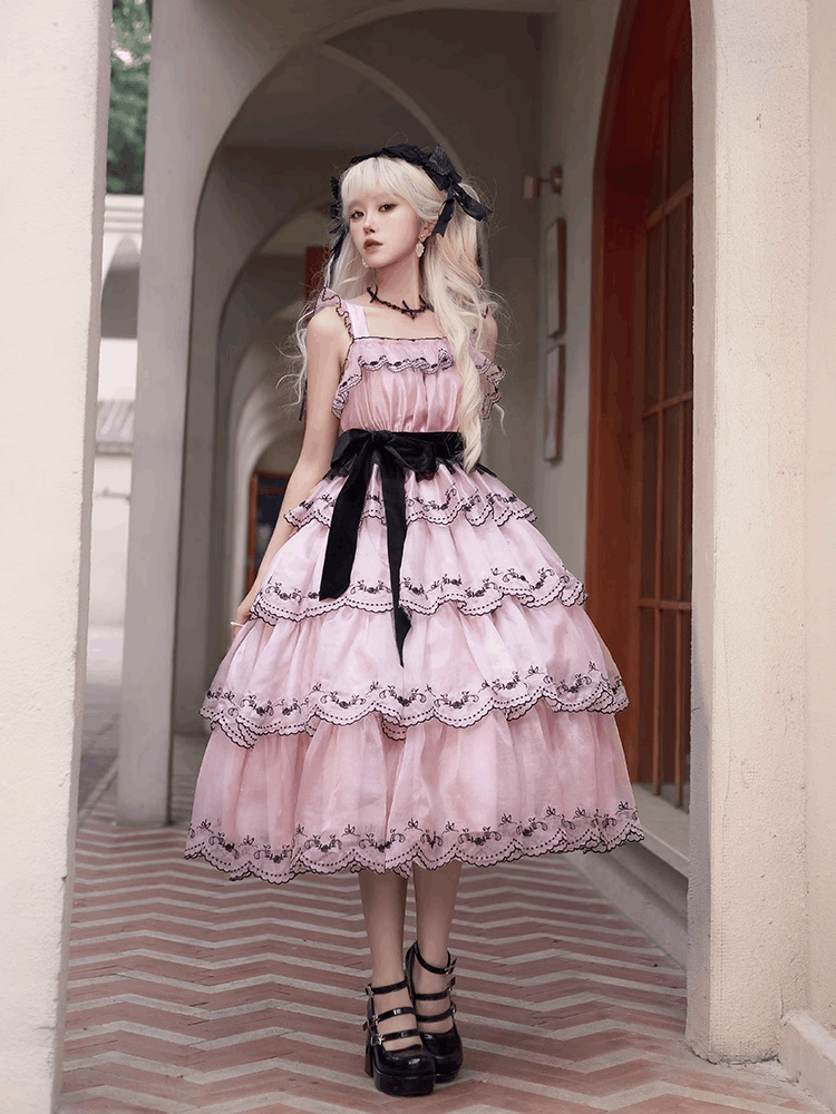 Dance of the Flowers Princess Elegant Black Pink Strap Dress