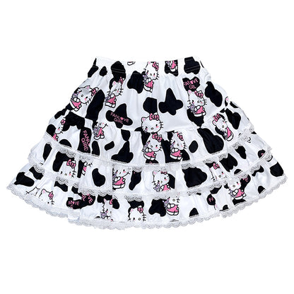 Y2K Harajuku Black White Cow Pattern Kitty Punk Rock Girl Gathered Elastic Short Mini Skirt