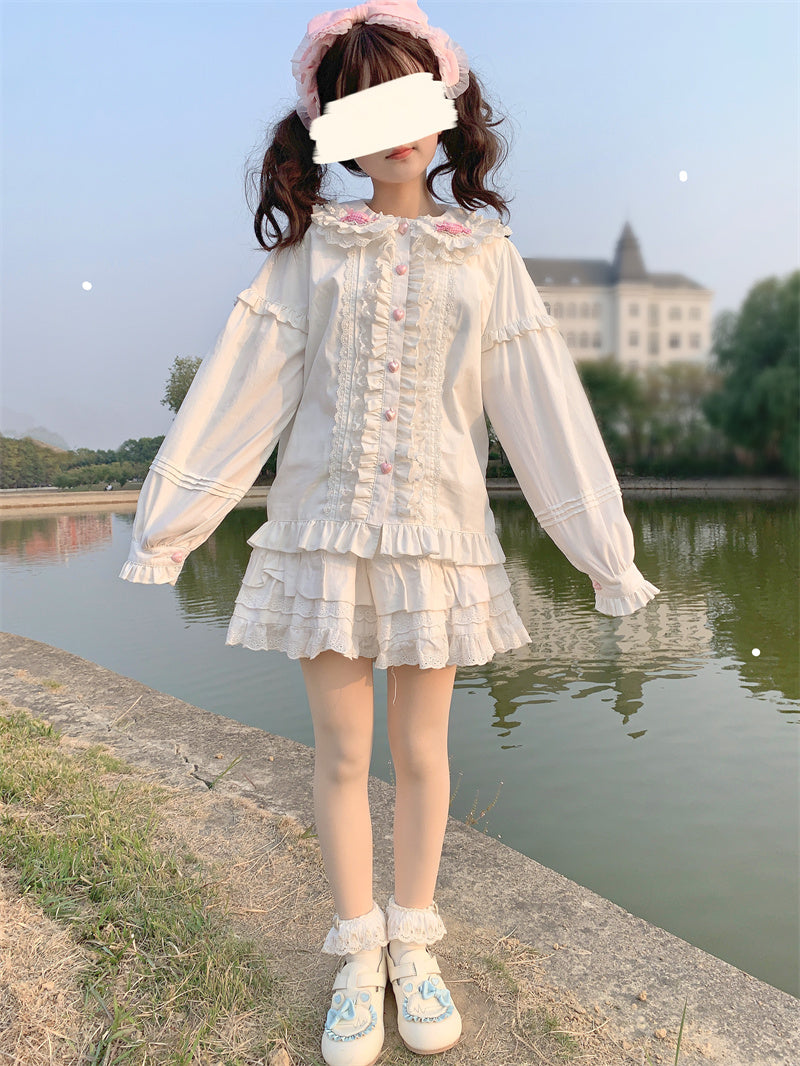 Doll Collar Elegant Lace Pink & White Long Sleeve T Shirt Blouse Top