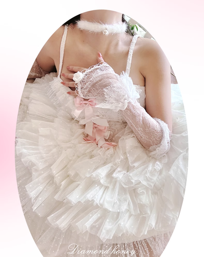 Diamond Sweetheart Pure White Swan Angel Pink Bow Coquette Princess Tulle Balletcore Strap Dress