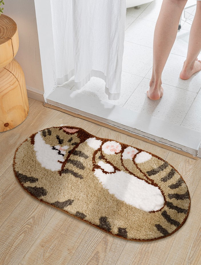 Cute White Brown Tabby Cat Neko Animal Soft Mat Rugs Carpets Bathroom Bedroom Decor