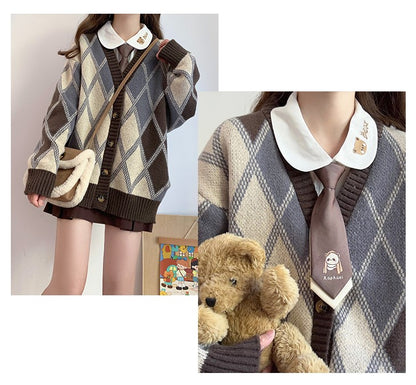 Rhombus Diamond Pattern Brown Cozy Autumn Winter Knit Cardigan