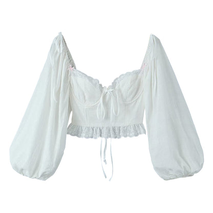 Summer Square Neck Lace Bow Lantern Sleeve White Shirt Top