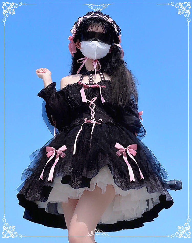 Love Overture Black Pink Bow Princess Strap Dress & Long Sleeve Dress