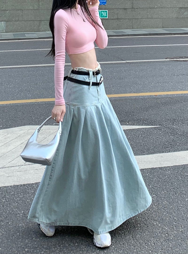 Summer Fashion Cute Trendy Retro High Waist A-line Denim Long Pleated Skirt