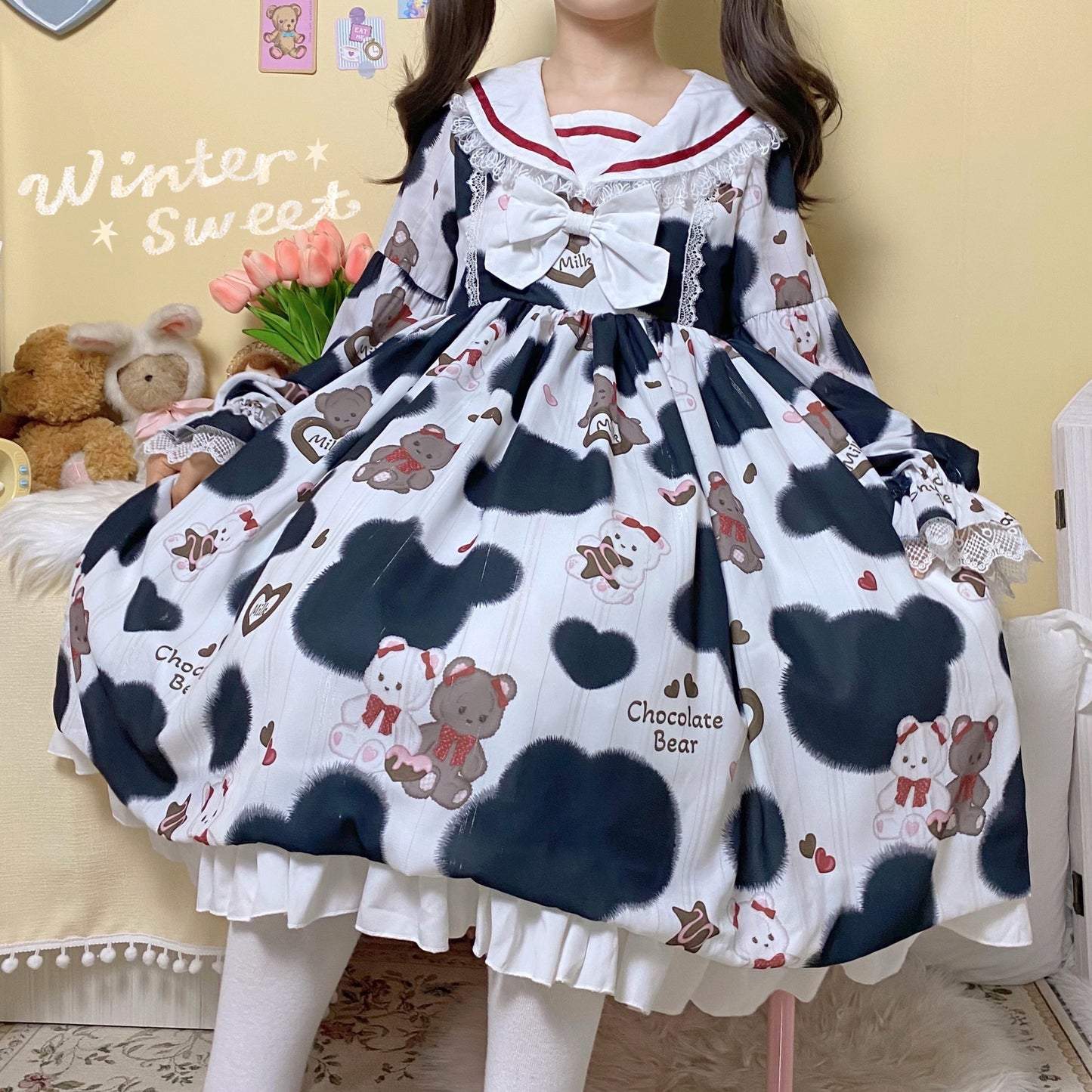 Heart Teddy Bear Milk Black & Pink Sailor Collar Long Sleeve Dress