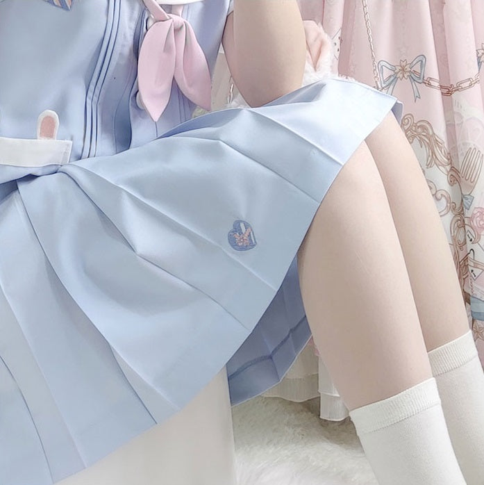 Cute Rabbit Bunny Pastel Blue Sailor Japanese Uniform Seifuku Two Piece Set