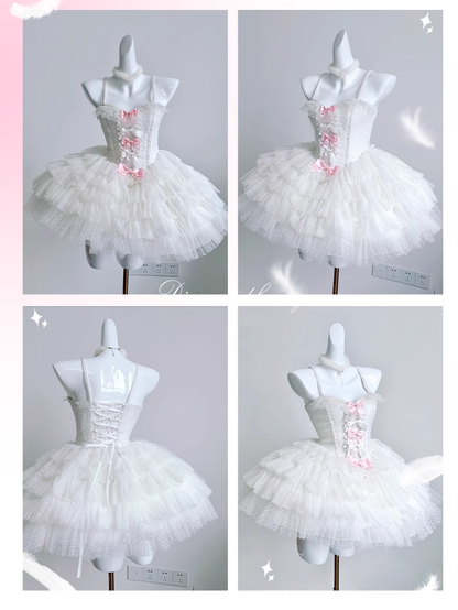 Diamond Sweetheart Pure White Swan Angel Pink Bow Coquette Princess Tulle Balletcore Strap Dress