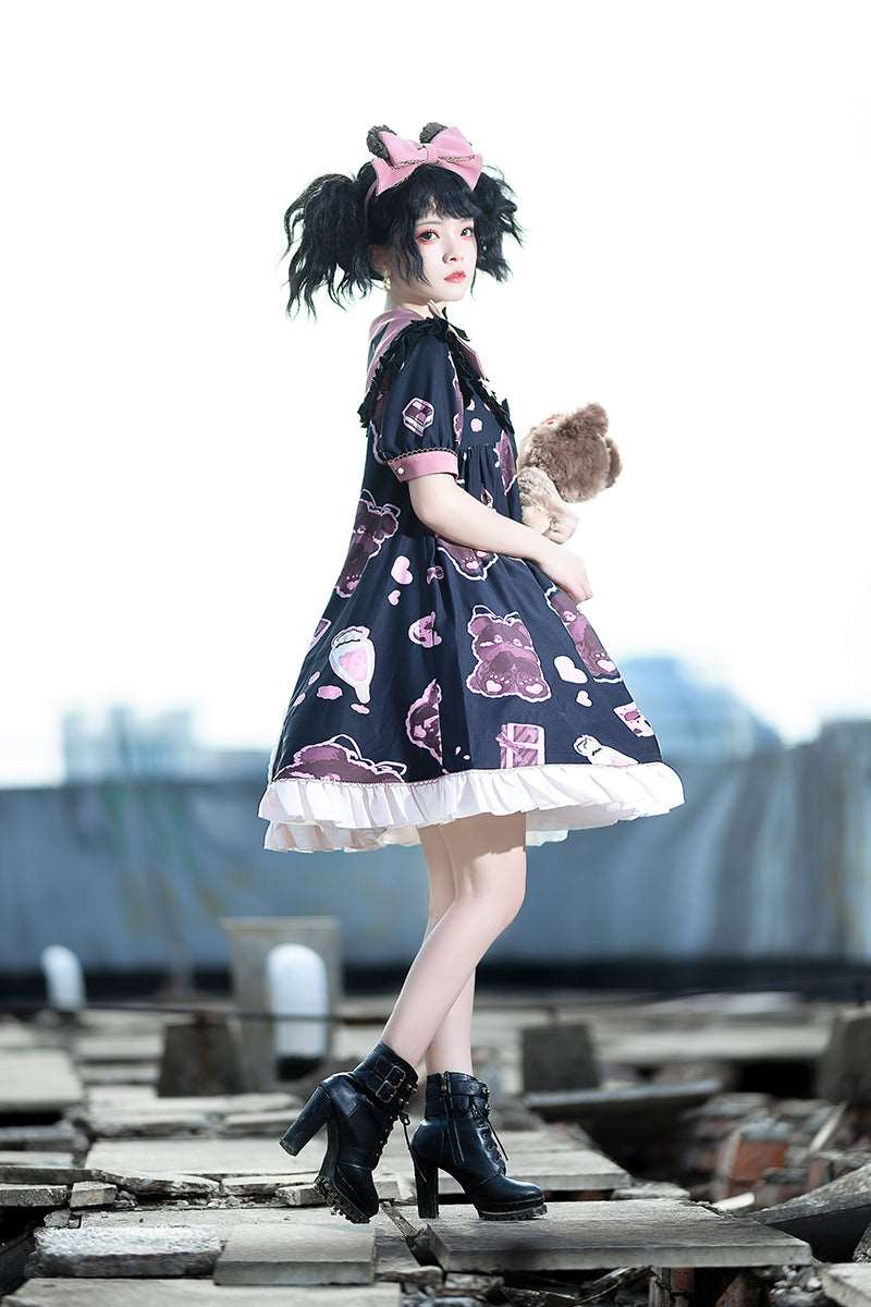 Black Pink White Teddy Bear Cross Sailor Collar Puff Sleeve Dress