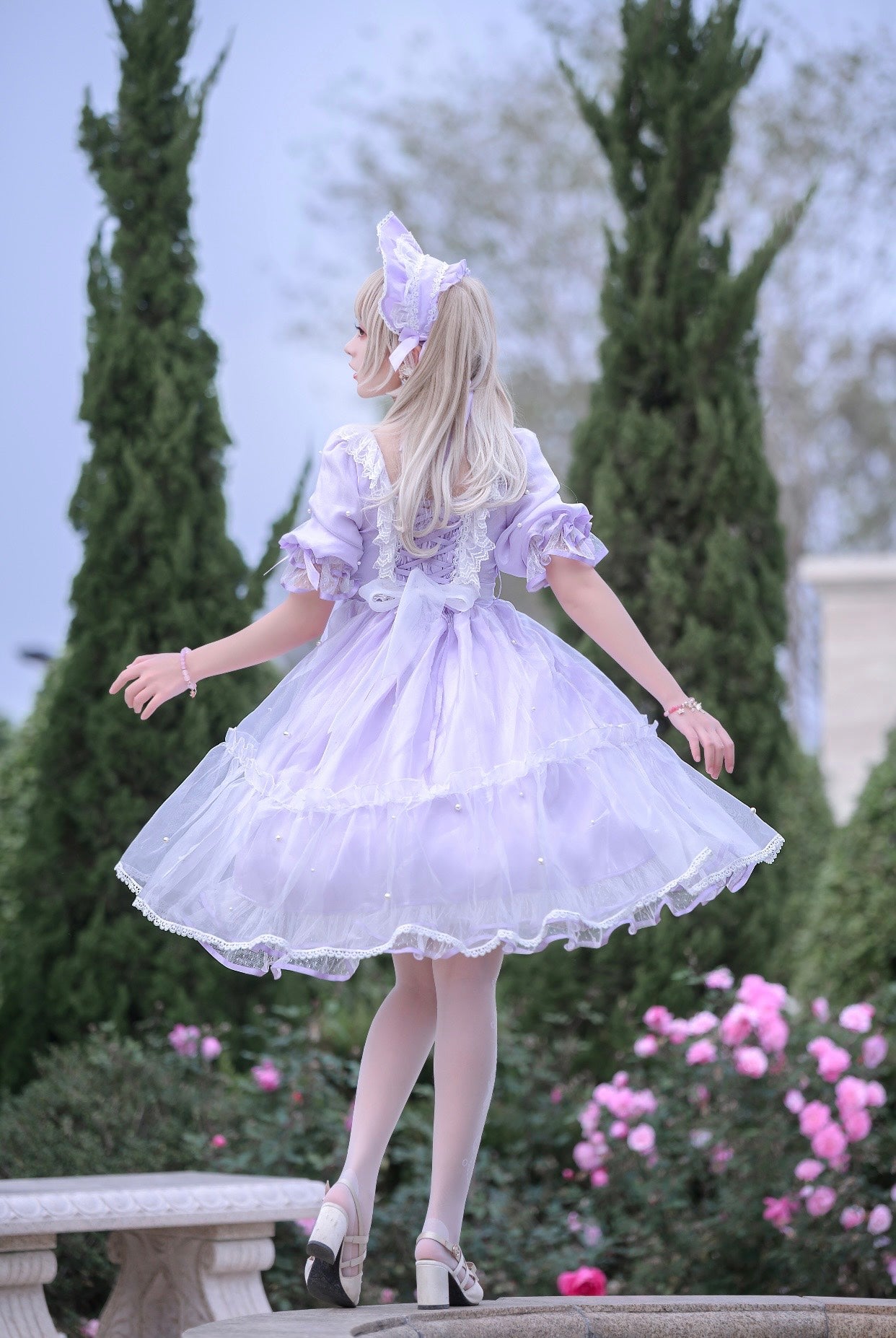 Pastel Pink Blue White Purple Princess Elegant Ribbon Pearl Gown Dress