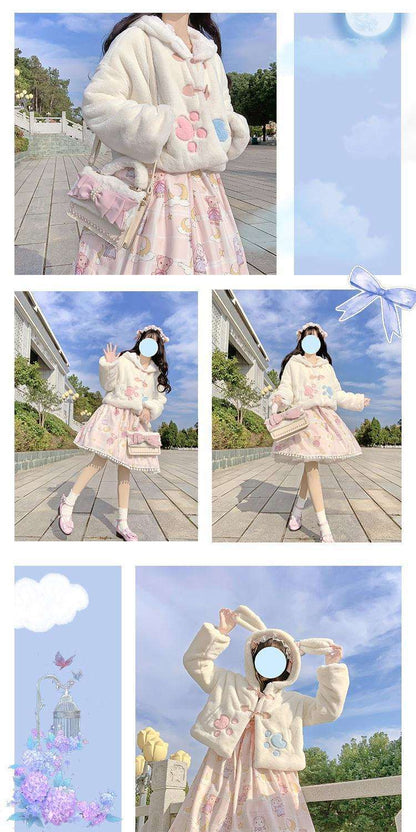 Japanese Fashion Girl Cute Autumn Winter Velvet Plush Rabbit Bunny Ears Blue Pink Paw White Jacket Coat