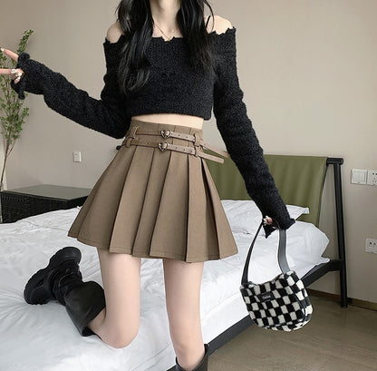 Double Heart Leather Belt Strap Brown White Black Pleated Mini Skirt