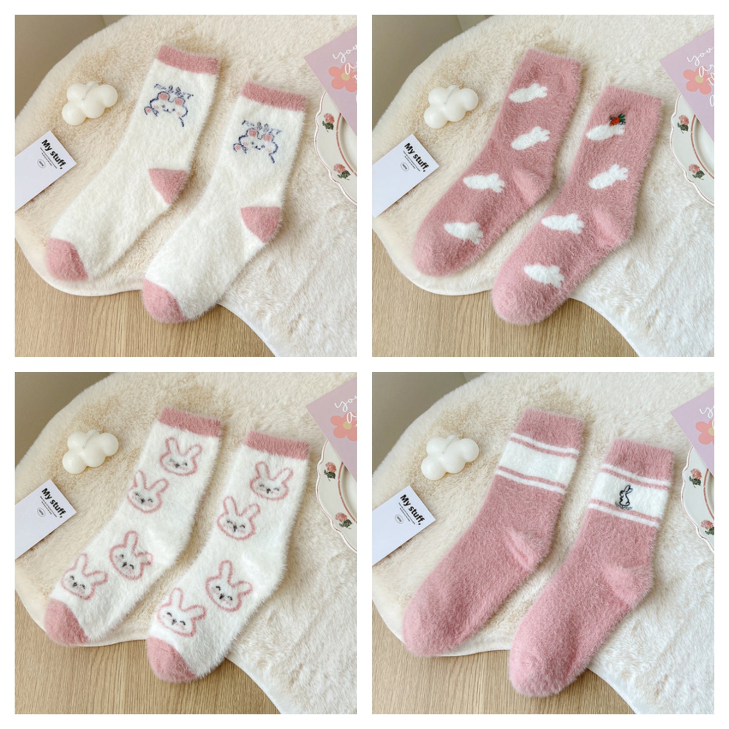 Soft Rabbit Pink White Stripe Carrot Socks 4 Patterns Pairs Sets