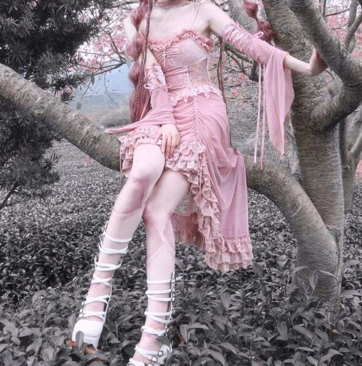 Guardian of Sakura Tress Gothic Lace Velvet Pink Suspender Dress