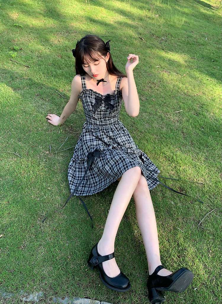 Sweet Retro Girl Check Plaid Black Suspender Dress