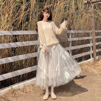 Feather Pink White Cream Tulle Layered Long Elastic Gathered Waist Skirt