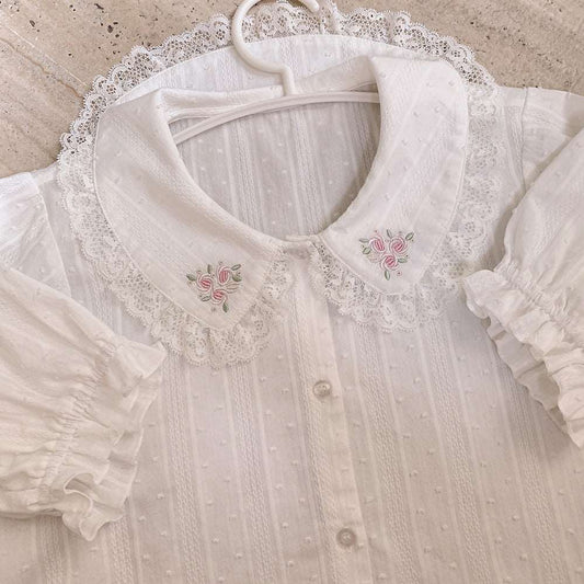 Bouquet of Roses Embroidery Lace Cotton Doll Collar White Shirt Blouse