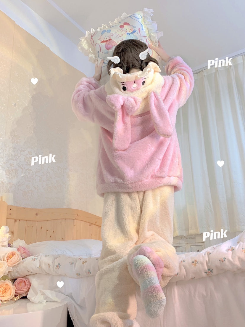 Rabbit Ears Hooded Pink & Brown Thick Warm Winter Bathrobe Nightgown Pajamas Set