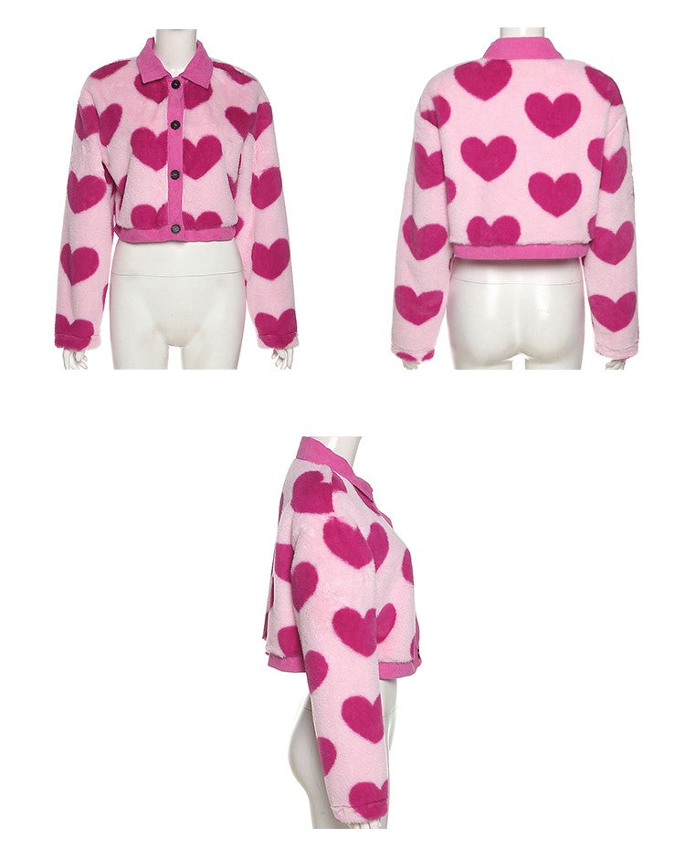 Heart Shaped Hot Pink Print Plush Jacket