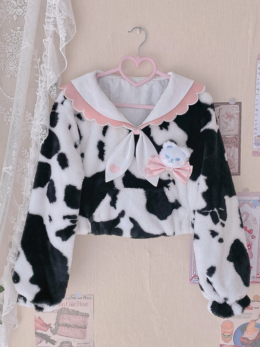 Cow Pattern Black White Pink Sailor Collar Plush Jacket