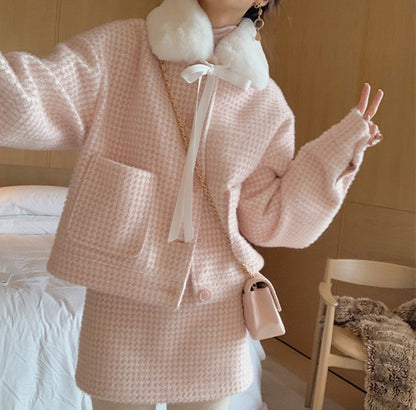 Classic Tweed Plush Collar Pink White Plaid Coat Jacket Skirt Two Piece Set