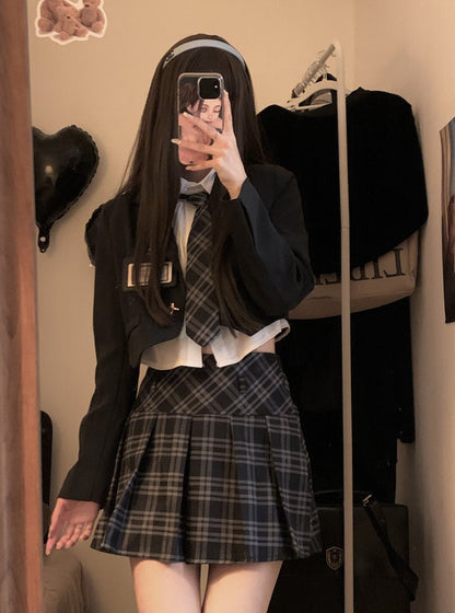 Dark Academia Brown & Navy Blue Blazer Jacket Long Sleeve Shirt Plaid Pleated Skirt Three Piece Set