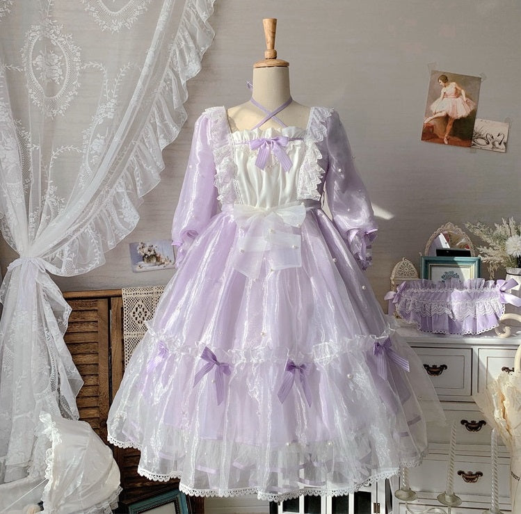 Pastel Pink Blue White Purple Princess Elegant Ribbon Pearl Gown Dress