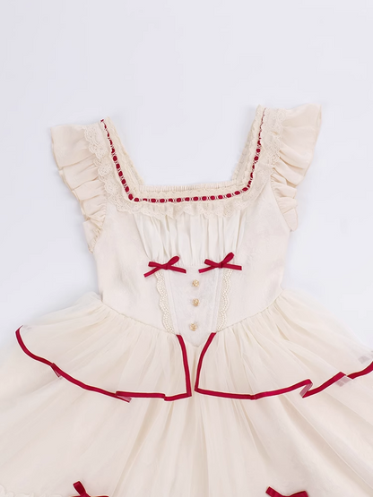 Symphonic Poem Red White Sweet Princess Lace Bow Dollcore Girl Dress