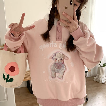 Fur Collar Sheep Puppy Print Pastel Cream Pink Pullover Sweatshirt