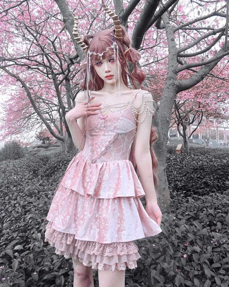 Blood Supply Guardian of Sakura Tress Gothic Lace Velvet Pink Cake Short Dress