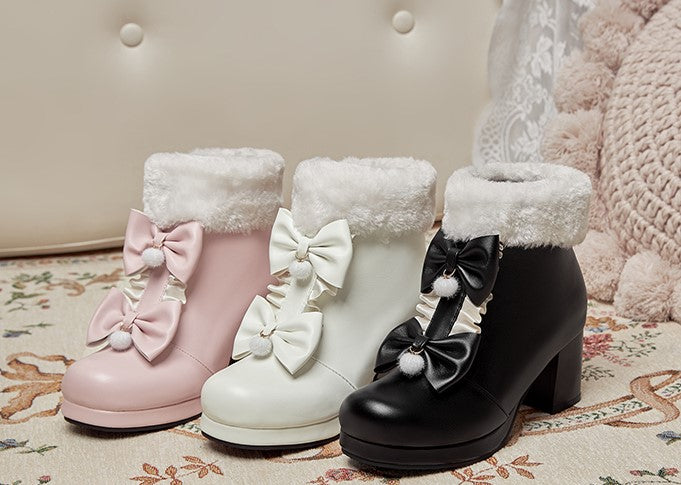 Princess Winter Fur Bow Decorated Black White Pink High Heels Shoes Boots