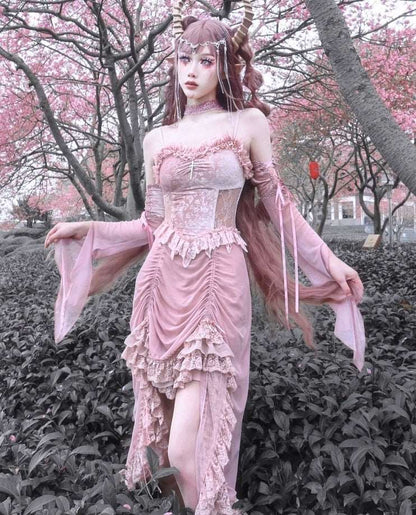 Guardian of Sakura Tress Gothic Lace Velvet Pink Suspender Dress