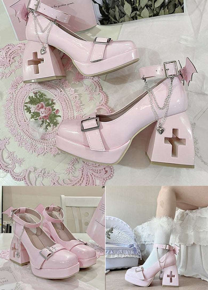 Punk Devil Wings Cross Heart Silver Chains Japanese High Heels Mary Jane Shoes