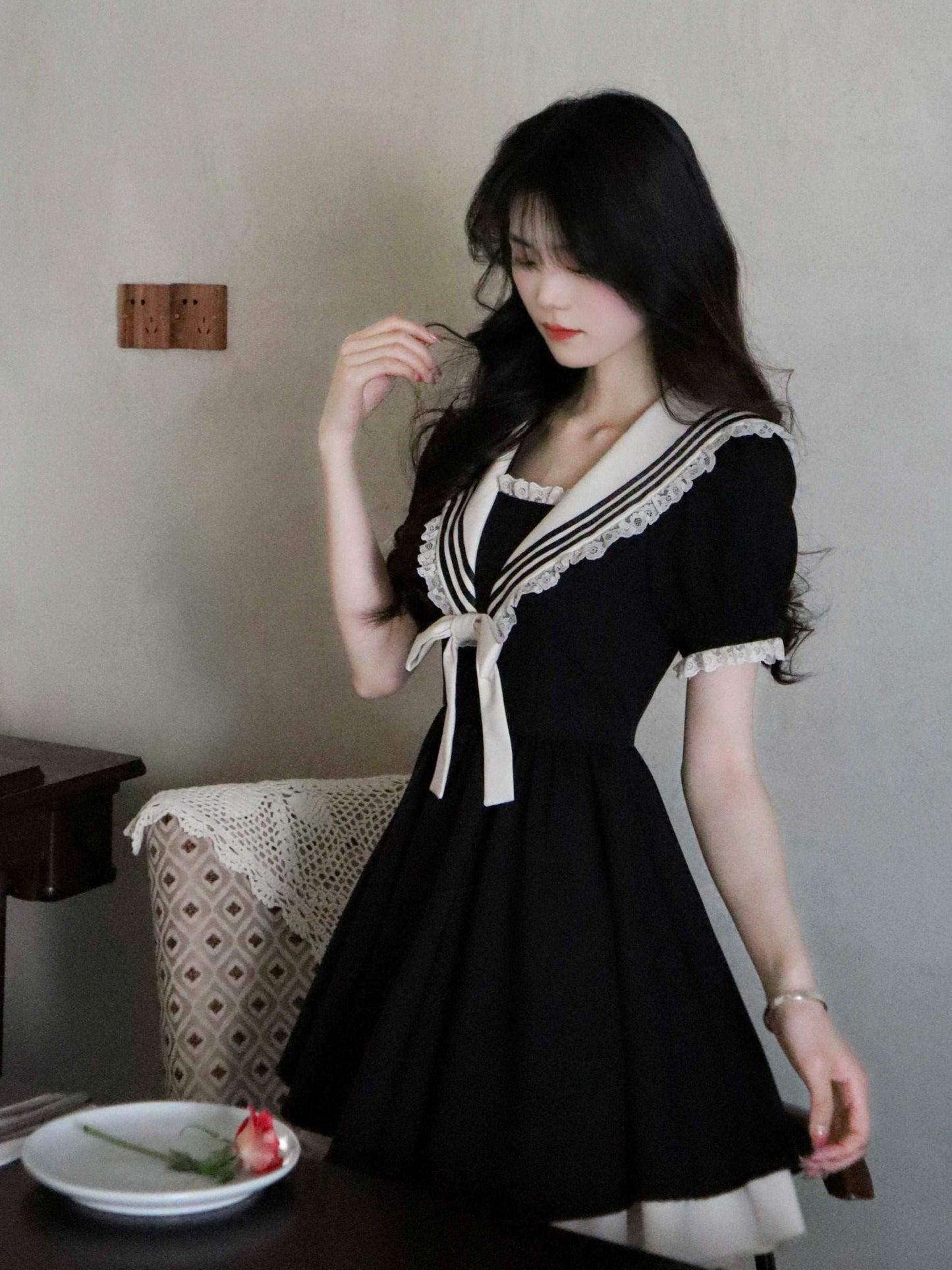 Elegant Cute Girl Women Classic Lace Navy Sailor Collar Short Black Summer Dress