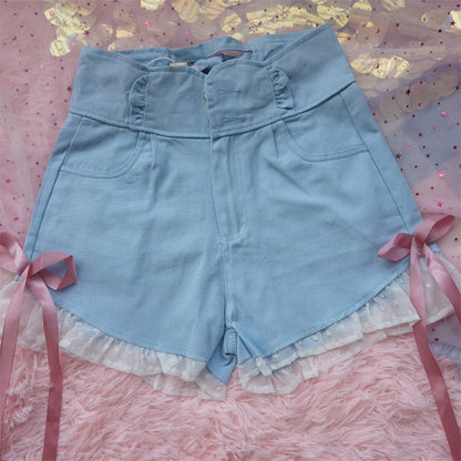 Sweet Girl Coquette Bow High Waist Blue Pink Shorts