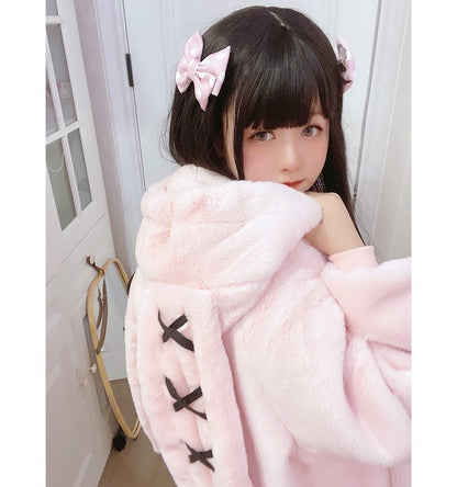 Gothic Soft Fluffy Plush Cross Pattern Rabbit Bunny Ears Pink Black Long Jacket Coat