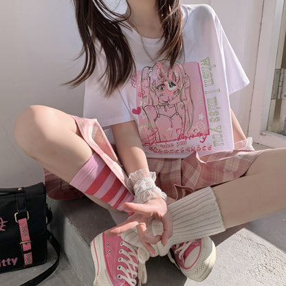 When I Miss You Anime Girl Y2K Print White Oversize T-shirt Tees Top