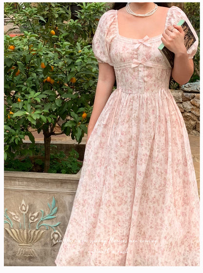 Juliet Bow & Lace Elegant Fairy Princess Floral Pink Long Dress