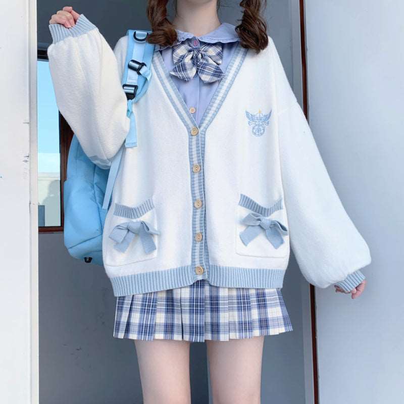 Japanese Cute Girl Student Spring Summer Autumn Fall Winter Fashion Angel Star Symbol Blue Pink Stripe White Sweater Cardigan