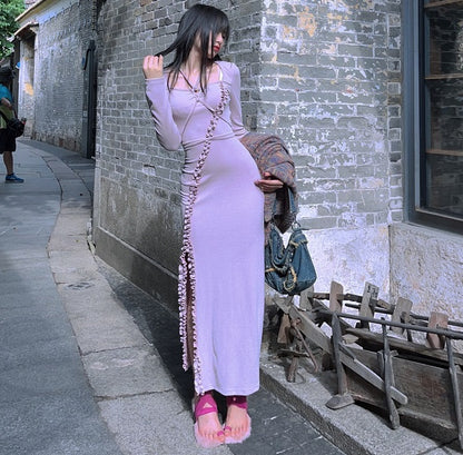 Halter Neck Strap Slit Long Sleeve Elegant Mist Pink Purple Dress