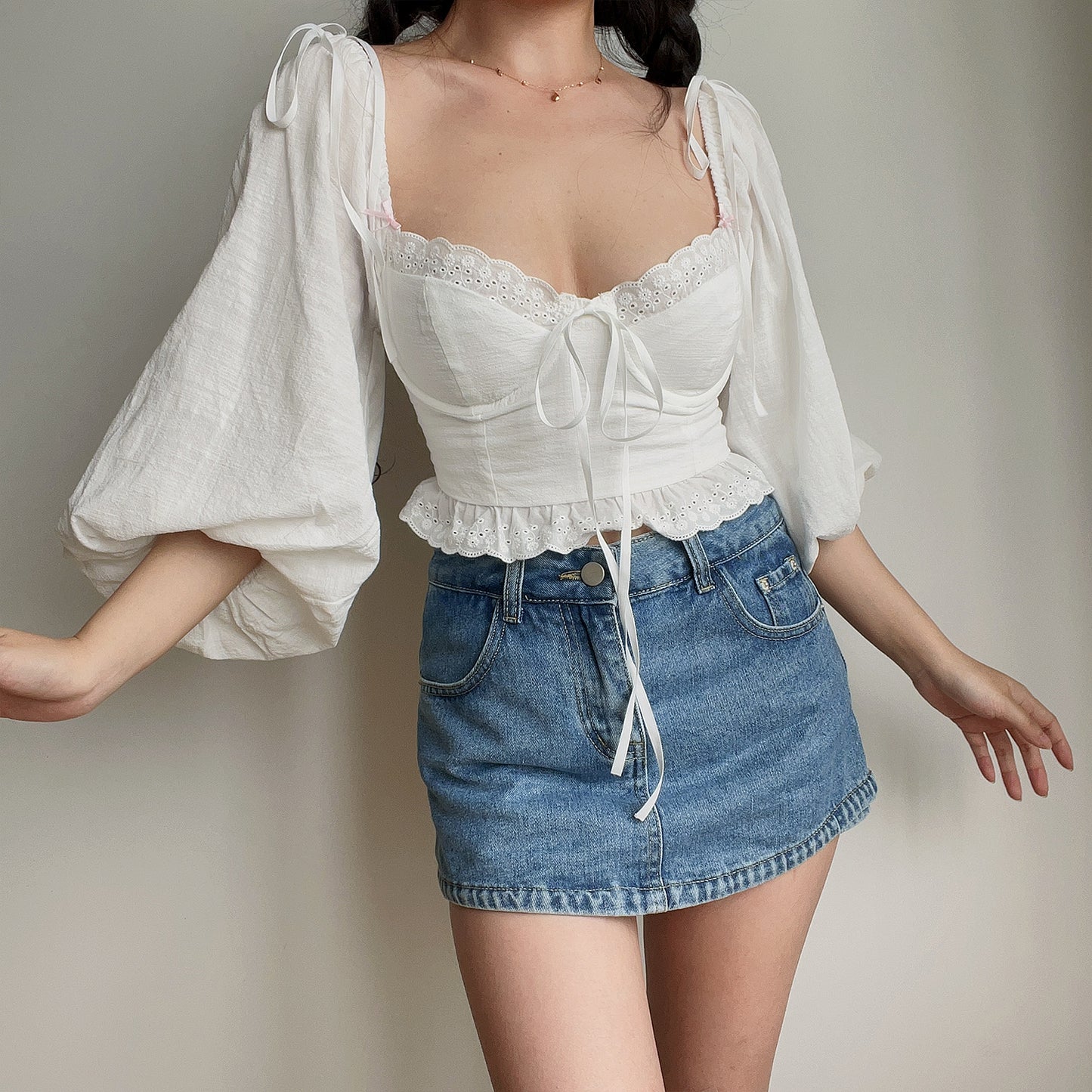 Summer Square Neck Lace Bow Lantern Sleeve White Shirt Top