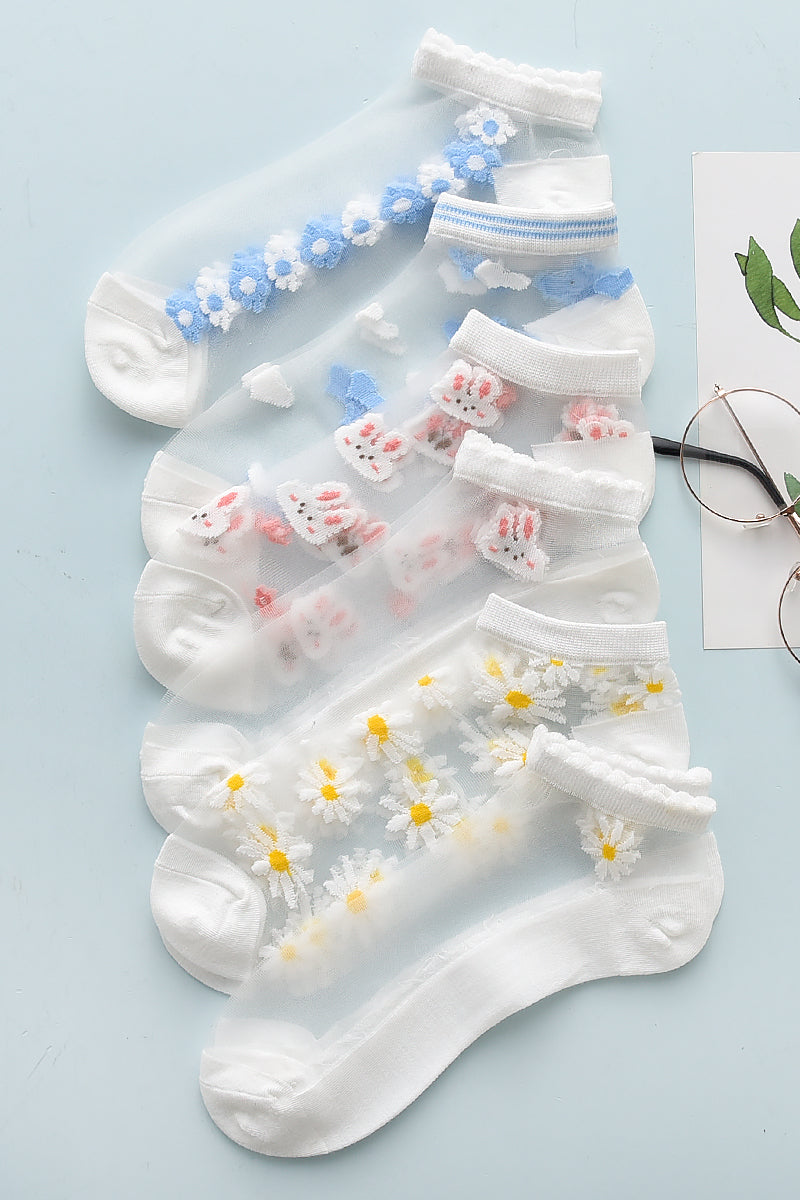 Rabbit Flower Transparent See Through Socks 6 Pairs Set