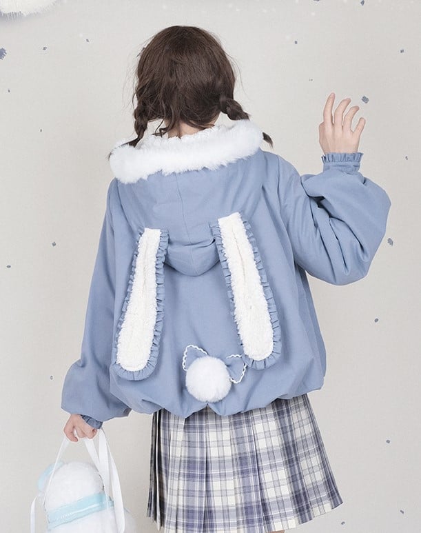 Pink Blue Winter Rabbit Ears Ruffled Wrist Jacket