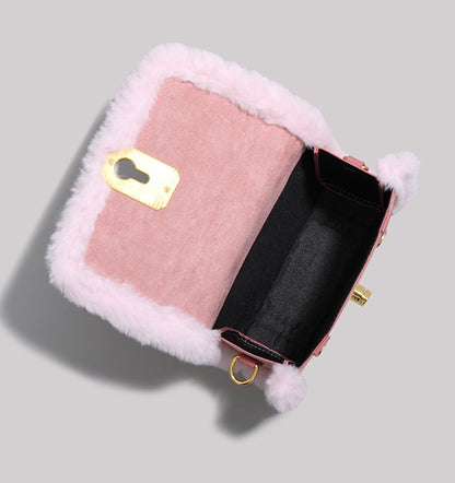 European Style Fluffy Fur Plush Black Brown Pink Leather Velvet Hangbag Shoulder Bag