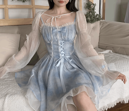 Sky Blue Magic Crystal Sweet Fairy Princess Bow Lace Spring Summer Strap Dress