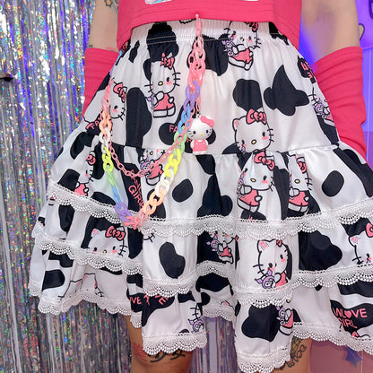 Y2K Harajuku Black White Cow Pattern Kitty Punk Rock Girl Gathered Elastic Short Mini Skirt