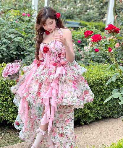 Diamond Sweetheart Pink & Red Southern France Rose Princess Floral Lolita Dress