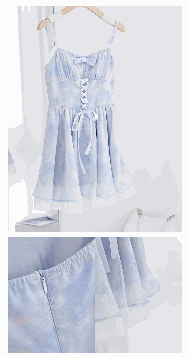 Blue Angel Sky Blue Magic Crystal Sweet Fairy Princess Bow Lace Spring Summer Strap Dress