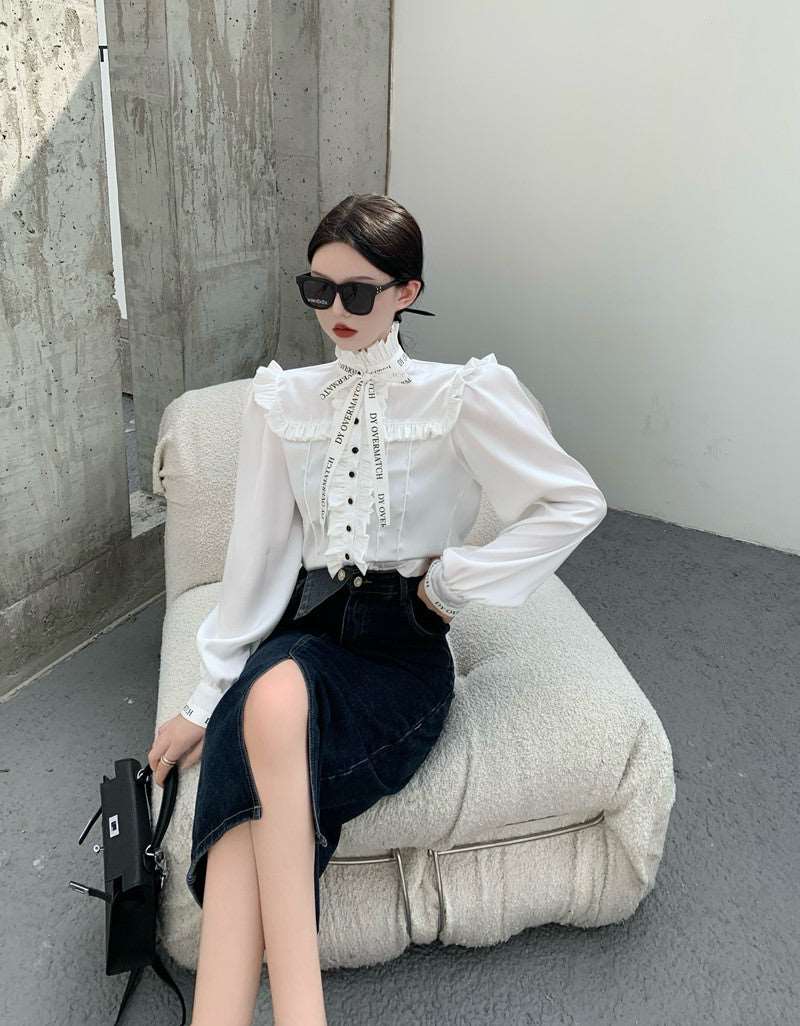 Women Fashion Bowknot High Collar Text Bow French Victorian Style Black White Long Sleeve Shirt